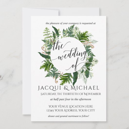 Forest Emerald Fern Foliage Leaf krans bruiloft Kaart (Voorkant)