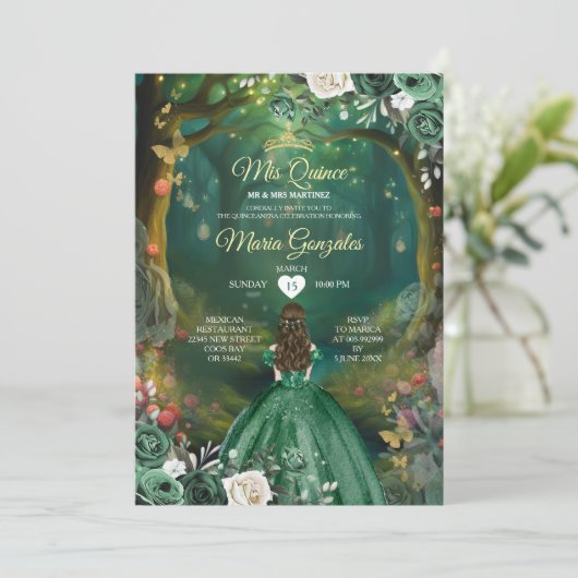 Forest Enchanted Emerald Green Quinceañera Kaart (Staand voorkant)