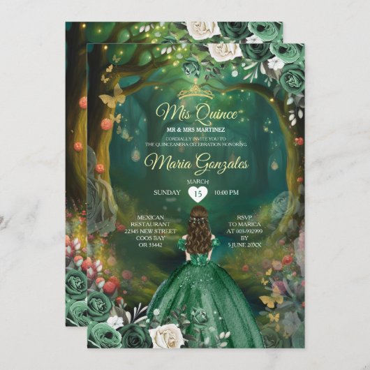 Forest Enchanted Emerald Green Quinceañera Kaart (Voorkant / Achterkant)
