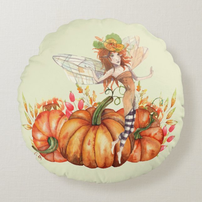 Forest Fairy & Autumn Pumpkin Bouquet Rond Kussen (Voorkant)
