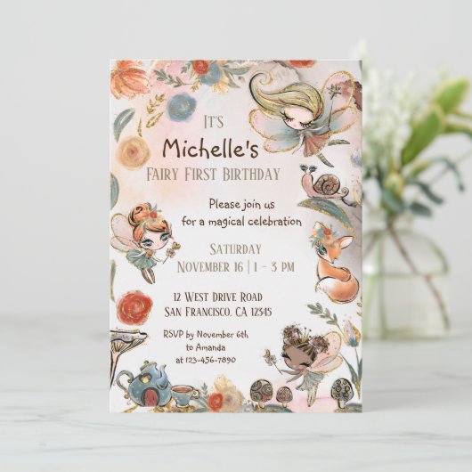 Forest Fairy First Birthday Invitation, Magical Kaart (Staand voorkant)