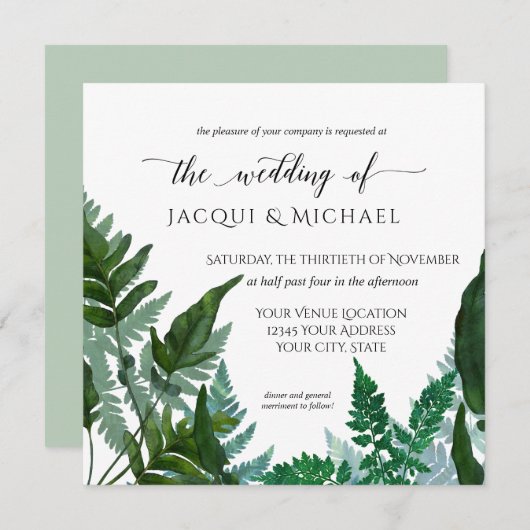Forest Fern Foliage Waterverf Wedding | Vierkant Kaart (Voorkant / Achterkant)