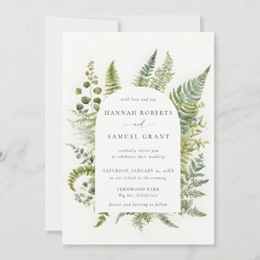 Forest Fern Mountain Woodland Arch Moderne bruilof Kaart (Voorkant)