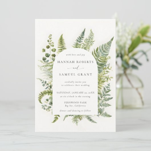 Forest Fern Mountain Woodland Arch Moderne bruilof Kaart (Staand voorkant)
