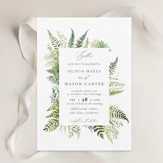 Forest Fern Mountains Woodland Elegante bruiloft Kaart