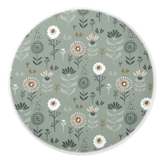 Forest Floral Sage Green Keramische Knop (Voorkant)