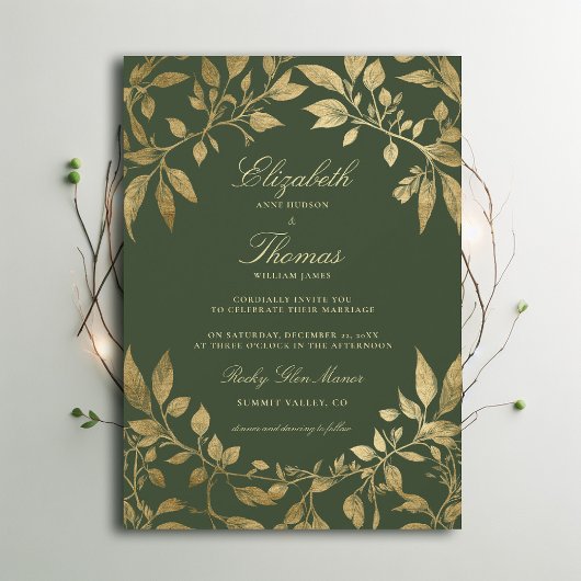 Forest Foliage Botanical Elegant Script Wedding Kaart