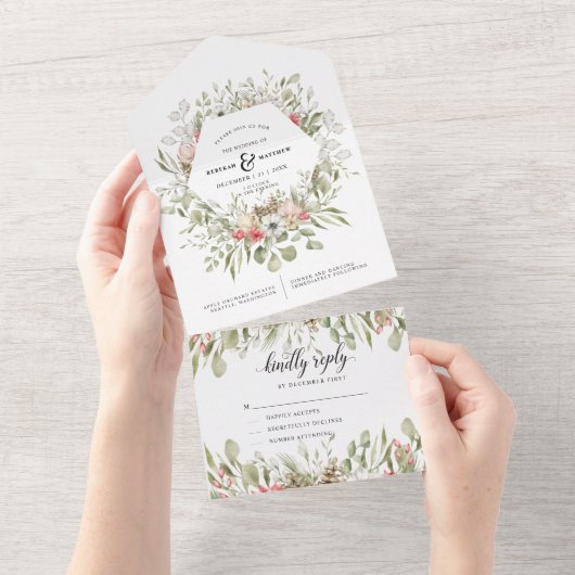 Forest Foliage Winter All in One Wedding Invite Uitnodiging (Afscheurbaar)