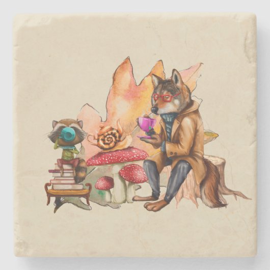 Forest Friends Tea Party Stenen Onderzetter (Voorkant)
