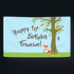 Forest Friends Woodland Cute 1st Birthday Party Spandoek<br><div class="desc">Dit schattige thema van bosmvrienden is perfect voor je eerste verjaardagsfeestje! Geweldig voor een schattig kind geboren in de lente,  of een beetje dat van dieren houdt. Een eerste verjaardagsthema past bij een bos avontuur!</div>