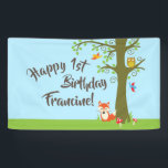 Forest Friends Woodland Cute 1st Birthday Party Spandoek<br><div class="desc">Dit schattige thema van bosmvrienden is perfect voor je eerste verjaardagsfeestje! Geweldig voor een schattig kind geboren in de lente,  of een beetje dat van dieren houdt. Een eerste verjaardagsthema past bij een bos avontuur!</div>