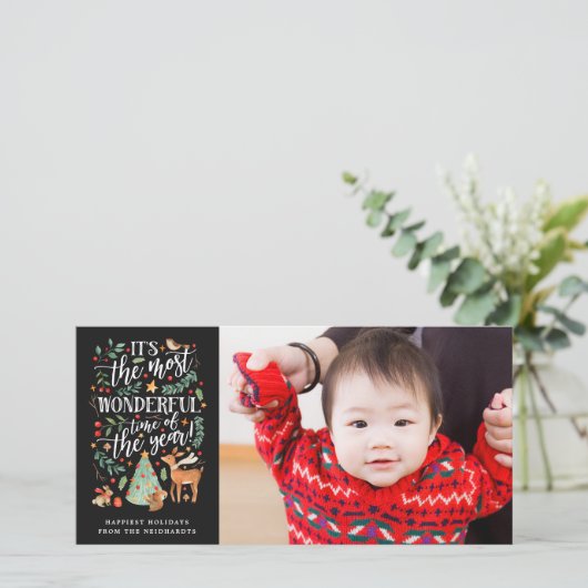 Forest Friends | Zwart | Foto Feestdagenkaart (Staand voorkant)