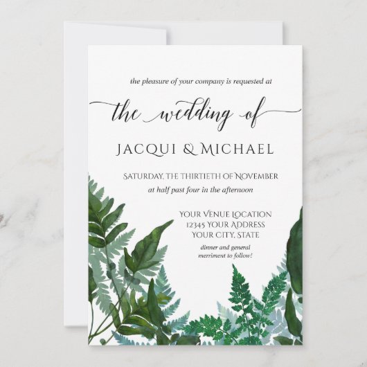 Forest Gathered Fern Foliage Waterverf Wedding Kaart (Voorkant)