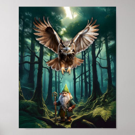 Forest Gnome met zijn gehoornde uil Guardian Poster (Voorkant)
