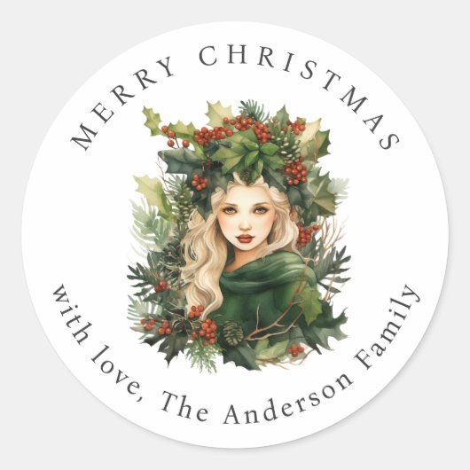 Forest Goddess Holly Red Berries Christmas Holiday Ronde Sticker (Voorkant)