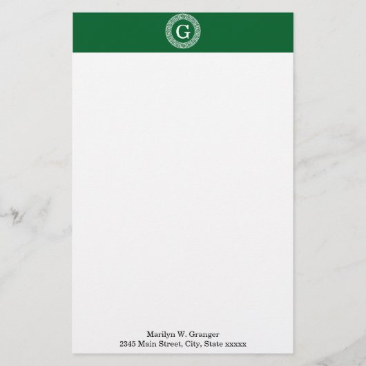Forest Gr WhGreek Key Rnd Lijst Initiaal Monogram Briefpapier (Voorkant)