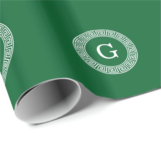 Forest Gr WhGreek Key Rnd Lijst Initiaal Monogram Cadeaupapier (Rol Hoek)