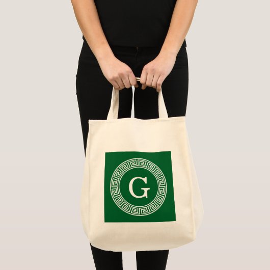 Forest Gr WhGreek Key Rnd Lijst Initiaal Monogram Tote Bag (Voorkant (product))