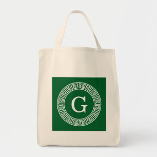 Forest Gr WhGreek Key Rnd Lijst Initiaal Monogram Tote Bag