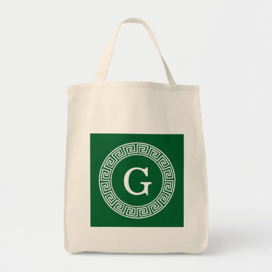 Forest Gr WhGreek Key Rnd Lijst Initiaal Monogram Tote Bag (Voorkant)