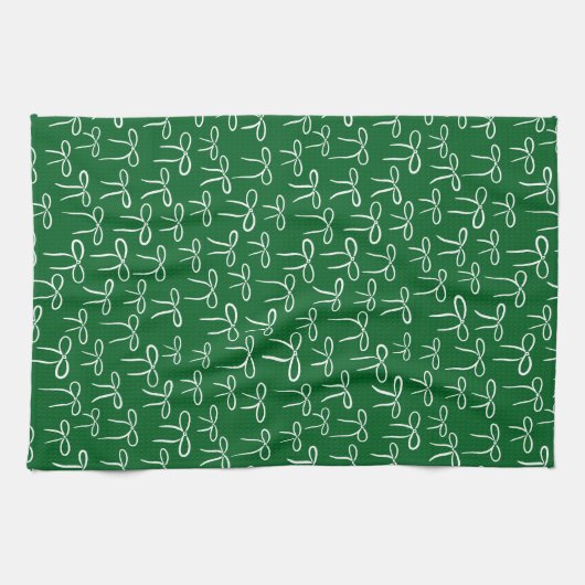 Forest Green and White Simple Bow Doodle Pattern Theedoek (Horizontaal)