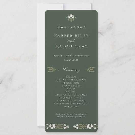 Forest Green Art Nouveau huwelijksceremonie progra Kaart (Voorkant)