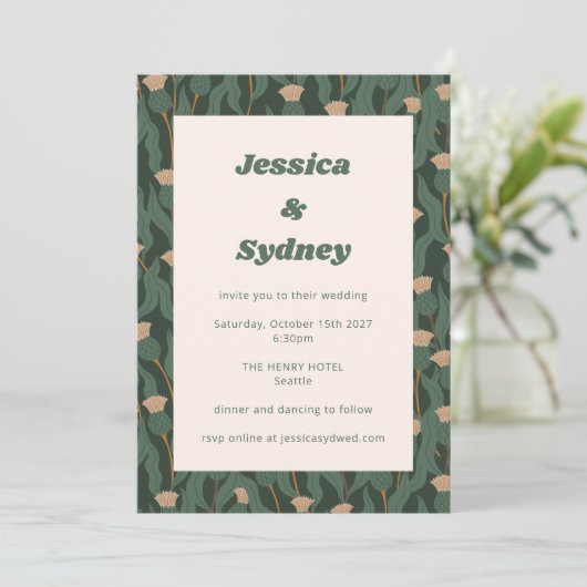 Forest Green Blush Floral Boho Wedding Kaart (Staand voorkant)