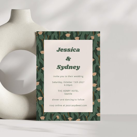  Forest Green Blush Floral Boho Wedding Kaart