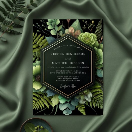 Forest Green Botanical Romance Wedding Kaart
