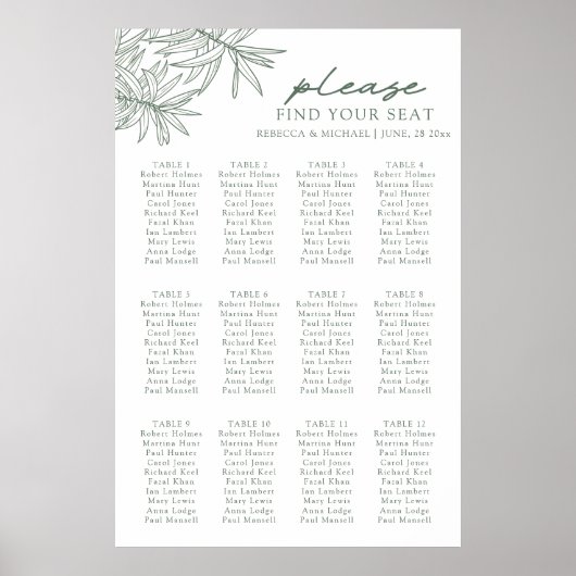 Forest Green Botanical Seating Chart Poster (Voorkant)