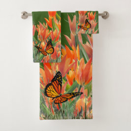 Forest Green Butterflies & Tulips Bath Towel Set Bad Handdoek