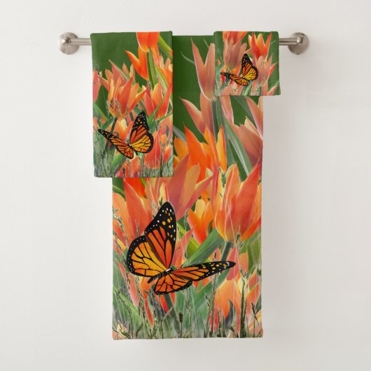 Forest Green Butterflies & Tulips Bath Towel Set Bad Handdoek (Insitu)