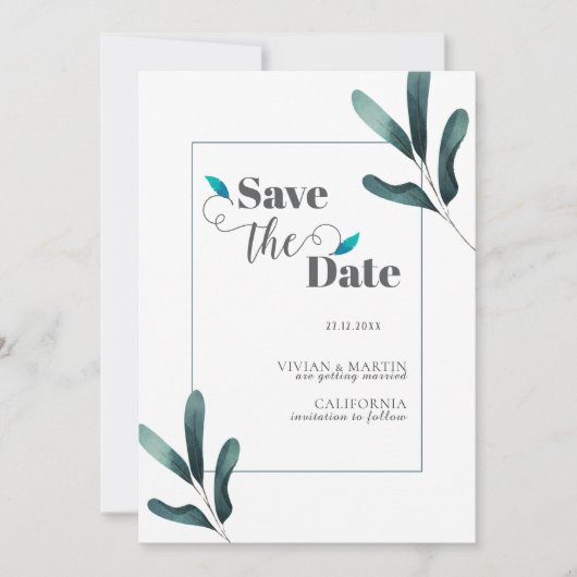 Forest Green Calligraphy Eucalyptus Bewaar de datu Kaart (Voorkant)