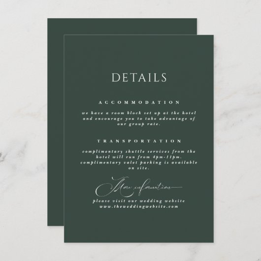 Forest Green Calligraphy Wedding Details Kaart (Voorkant / Achterkant)