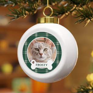 Forest Green Christmas Plaid Custom Cat Keramische Bal Ornament