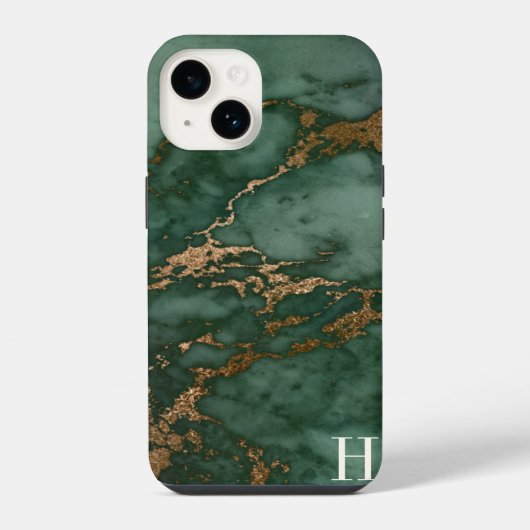 Forest Green & Copper Marble Monogram iPhone Hoesje (Achterkant)