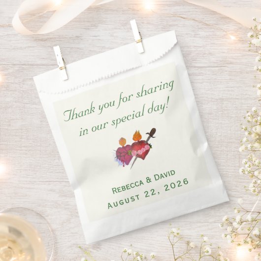 Forest-Green & Cream Two Hearts Catholic Wedding Bedankzakje (Geknipt)