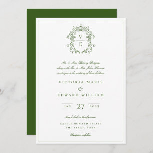 Forest Green Crest Monogram Weddenschap Kaart