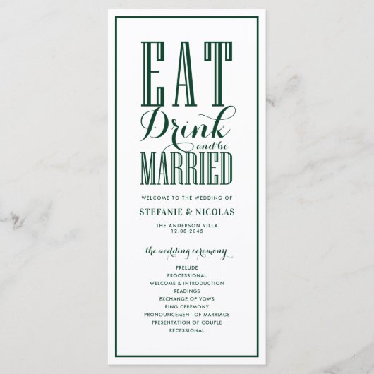 Forest Green Eet, Drink en word Getrouwd Trouwen Programmakaart (Voorkant)