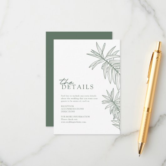 Forest Green Elegant Botanical Leaves Details Informatiekaartje (Voorkant / Achterkant in situ)