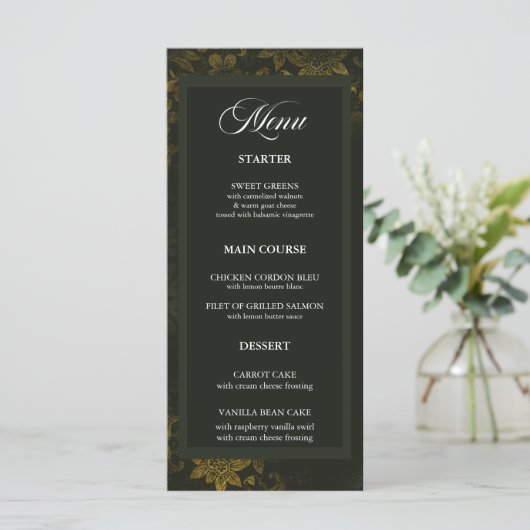 Forest Green & Elegant Gold Floral Wedding Menu (Staand voorkant)