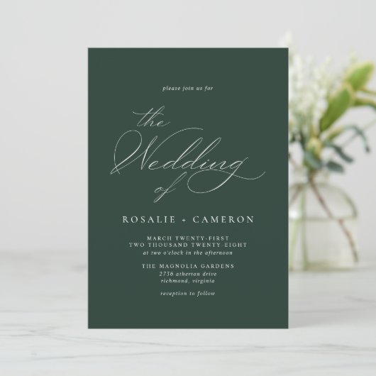 Forest Green Emerald | Delicate Script bruiloft Kaart (Staand voorkant)