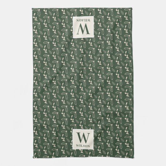 Forest Green en Beige Monogram Naam Kerstmis Theedoek (Verticaal)