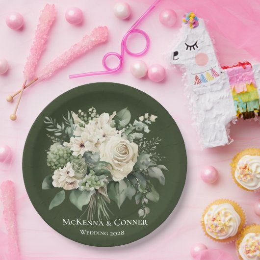Forest Green en Cream Roos Bruiloft Papieren Bordje (Feest)