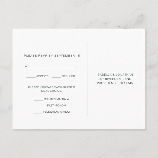 Forest Green en White Rsvp met Meal Choice Uitnodiging Briefkaart (Achterkant)