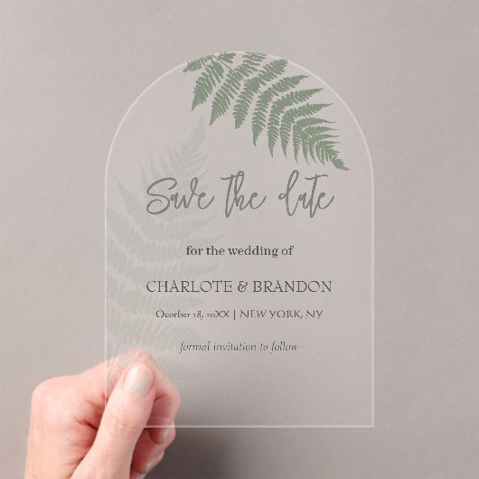 Forest Green Ferns Outdoor Wedding Acryl Uitnodigingen (Insitu (Draagbaar))
