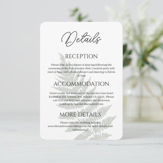 Forest Green Ferns Wedding Details Behuizing Kaart (Staand voorkant)