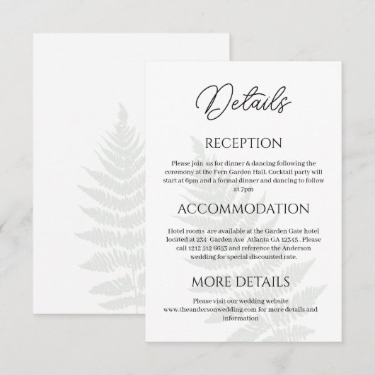 Forest Green Ferns Wedding Details Behuizing Kaart (Voorkant / Achterkant)