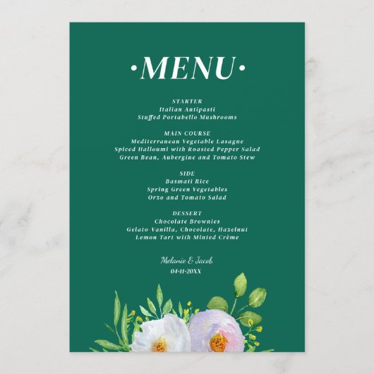 Forest Green Floral Printable Wedding menu  (Voorkant)