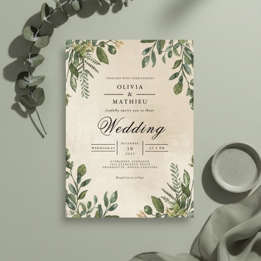 Forest Green Foliage Frame Wedding Kaart